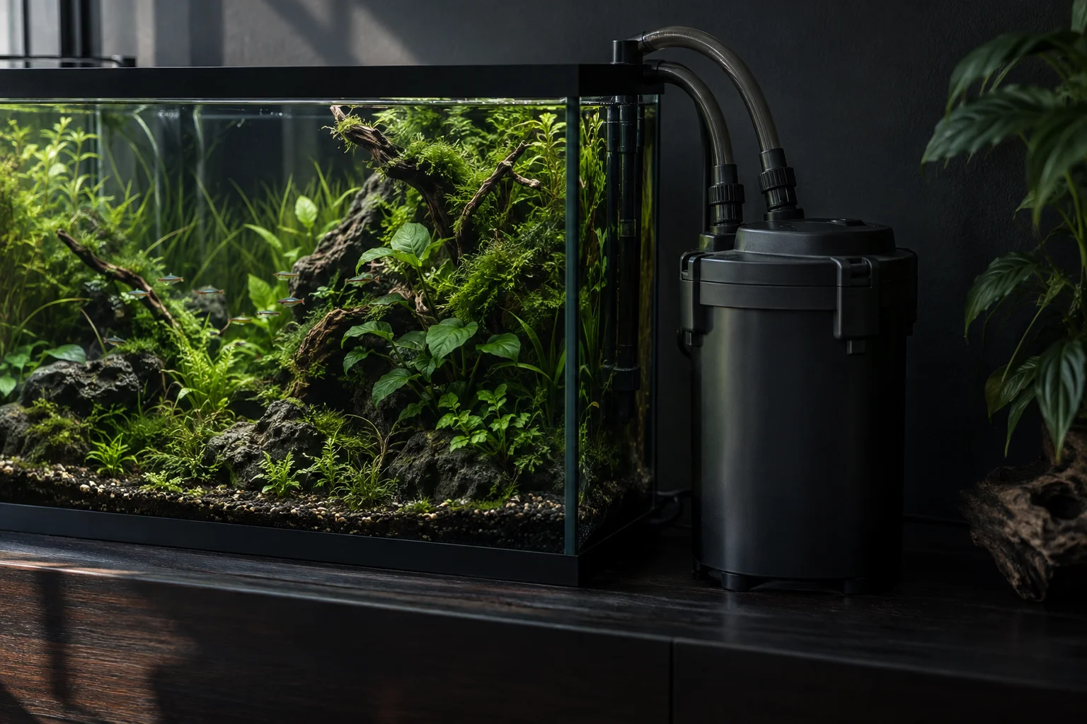 Canister filter next to a planted aquarium