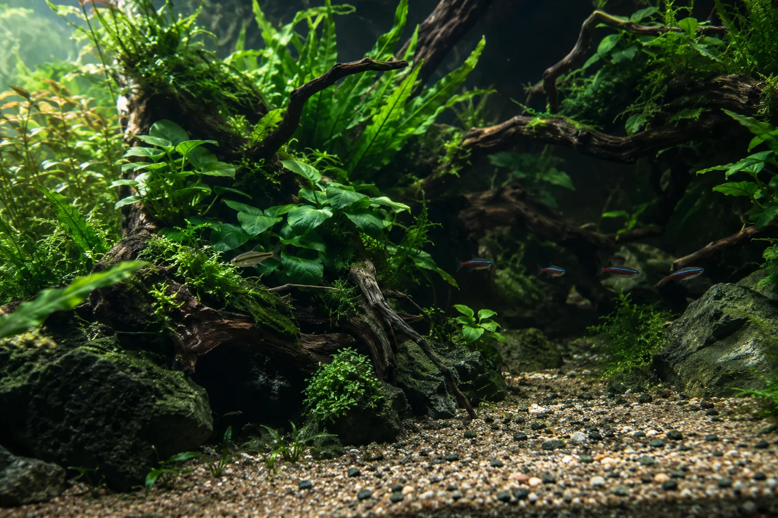 Lush planted aquarium with stones and fine gravel