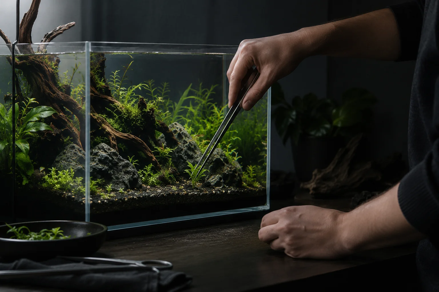 Hands placing plants with tweezers in a new aquarium